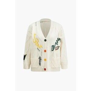 Ebossy‎ Collection Womens Cardigan Sweater XL White Latter Embroidery Cable Knit